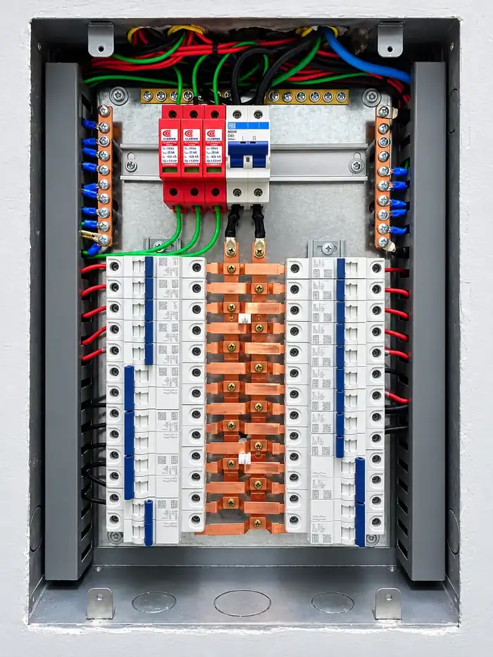Quadro de distribuição com disjuntores e condutores
