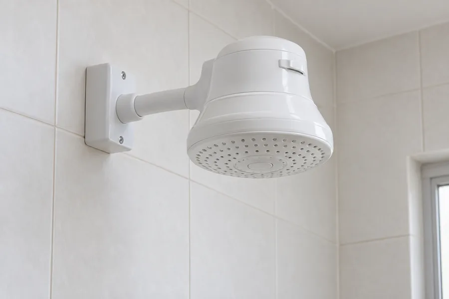 Chuveiro elétrico branco instalado em parede revestida