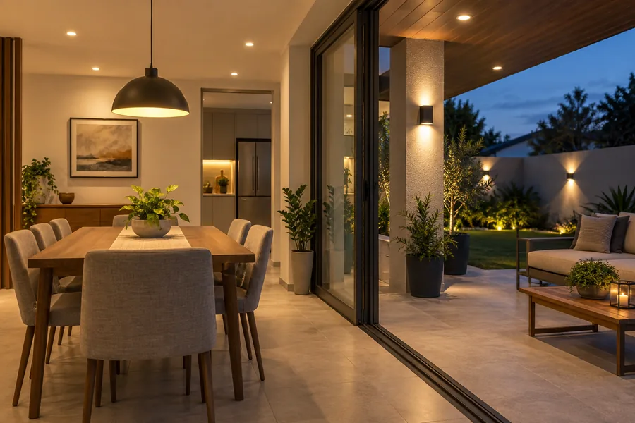 Iluminação de sala e varanda residencial ao entardecer