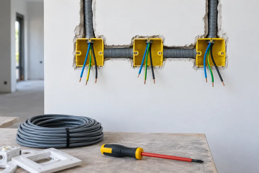 Caixas e conduítes para instalação elétrica em parede