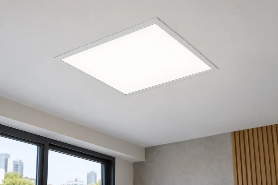 Instalação de painel de LED Painel de LED quadrado aceso em teto branco