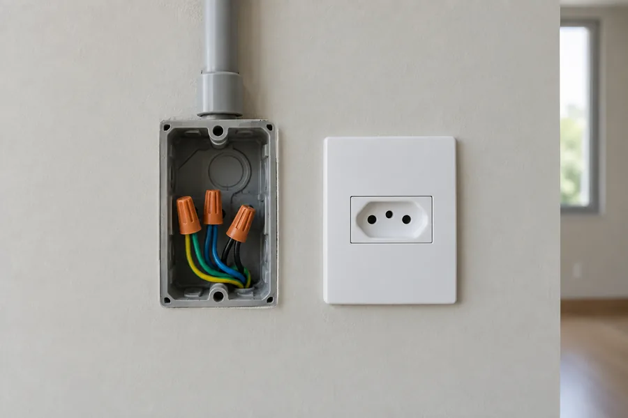 Caixa de novo ponto elétrico com conexões isoladas ao lado de tomada
