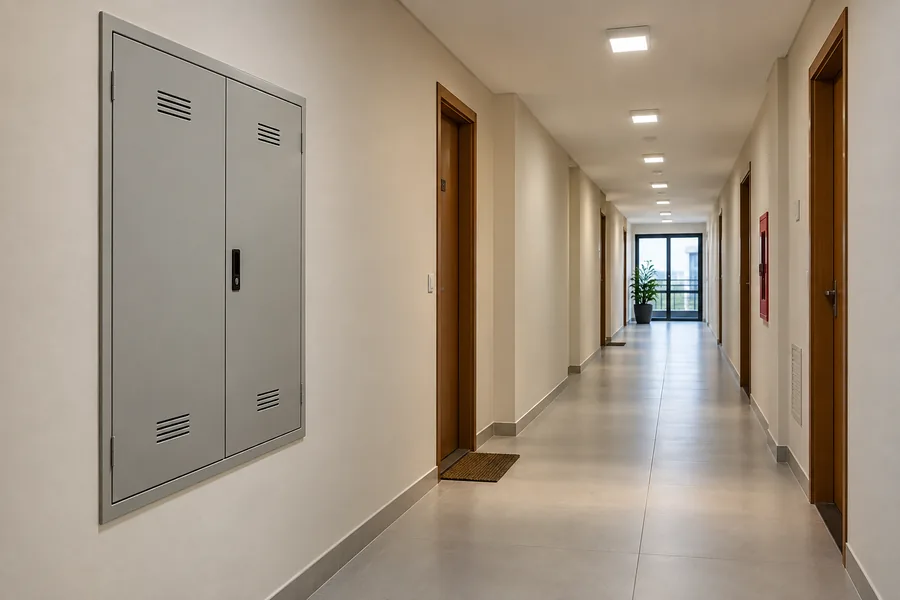 Corredor de edifício com luminárias e armário elétrico