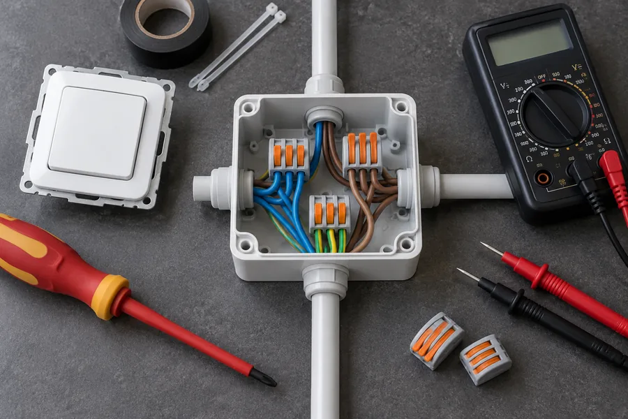 Caixa de conexões elétricas e ferramentas sobre bancada