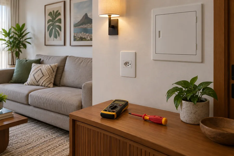 Ambiente residencial com quadro elétrico e ferramentas de manutenção
