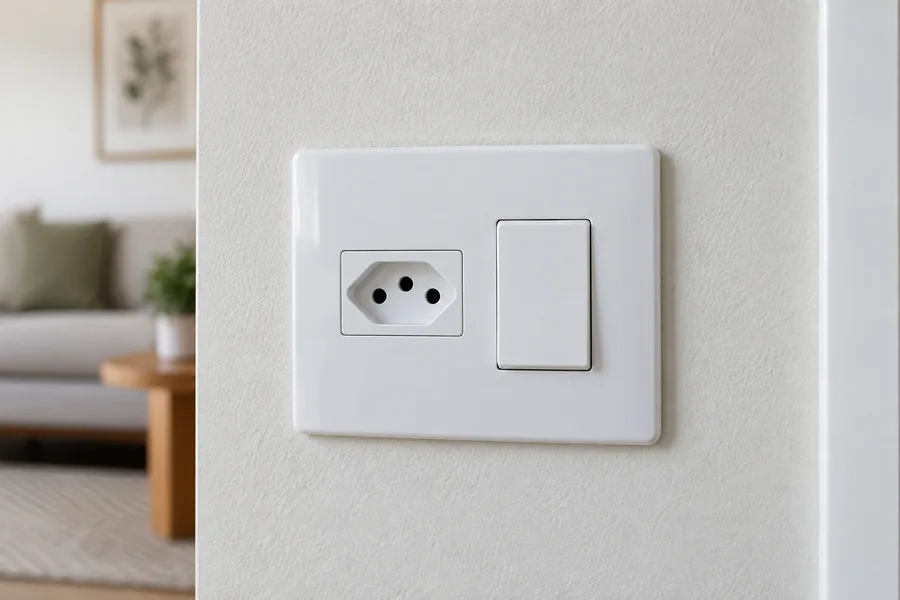 Tomada de três pinos e interruptor instalados na parede
